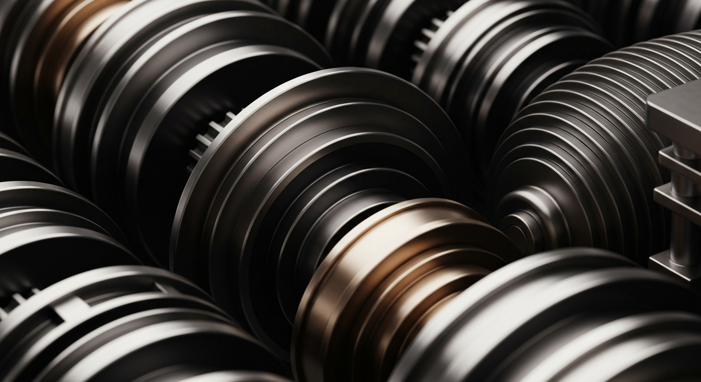 A highly detailed, cinematic close-up image of heavy, industrial banking machinery and mechanisms in shades of steel grey, bronze, and black, conveying a sense of institutional financial power and security.