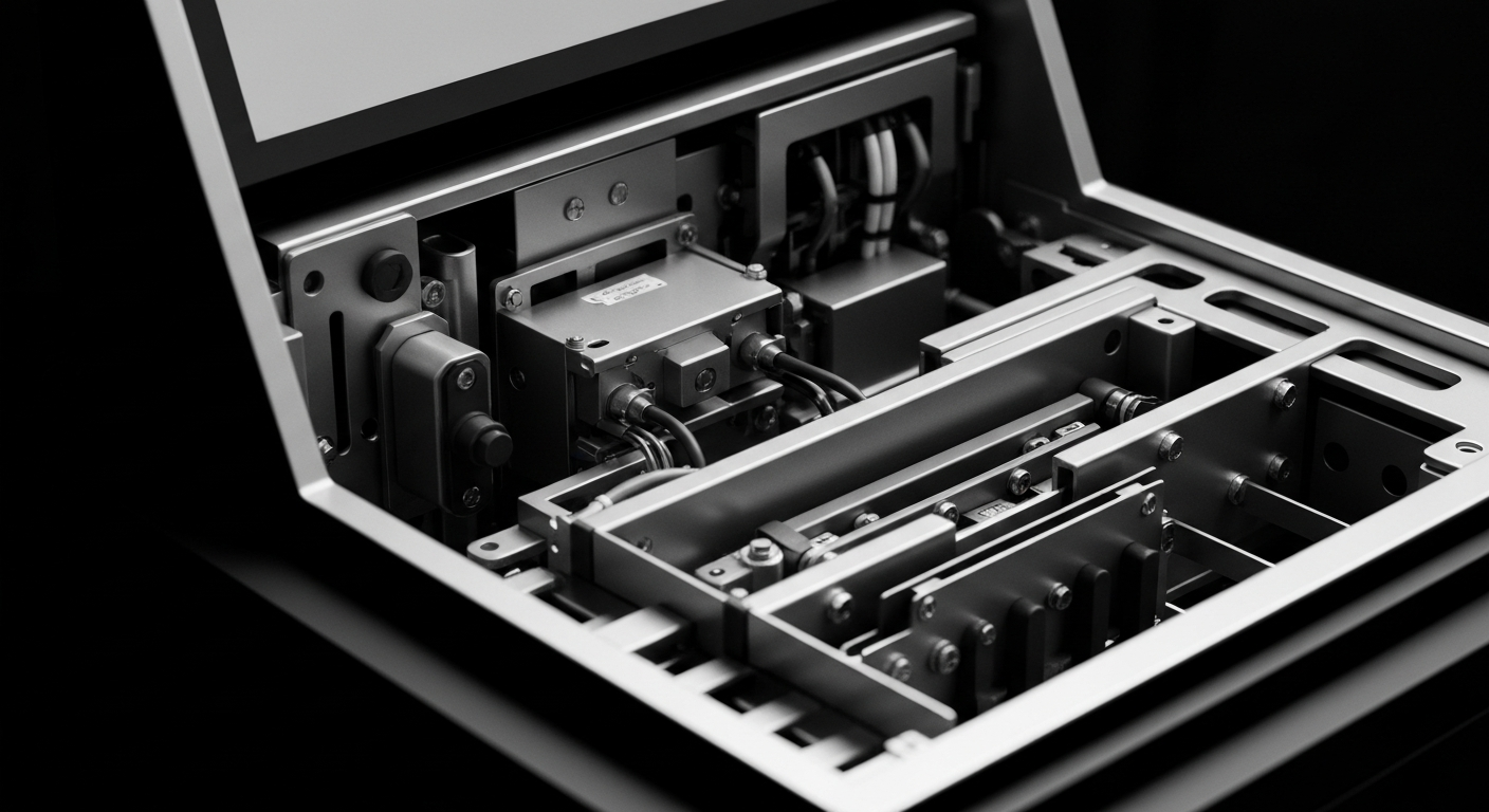 A high-contrast black and white close-up image of the internal components and hardware of a modern banking ATM or kiosk, conveying the complex, secure technology that powers digital banking services.