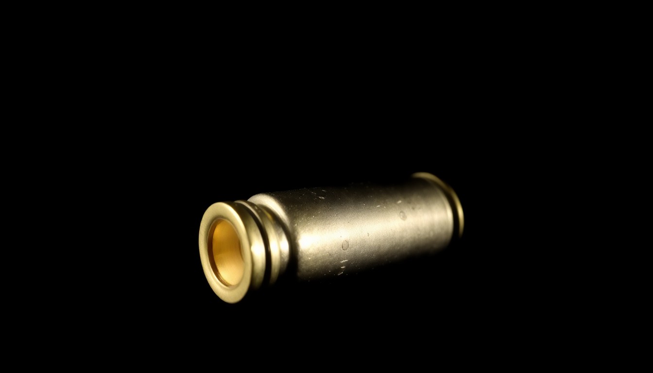 An extreme close-up photograph of a spent bullet casing against a pitch-black background, lit by a harsh, direct camera flash, creating a stark, gritty, investigative aesthetic that conceptually represents the aftermath of a shooting incident.