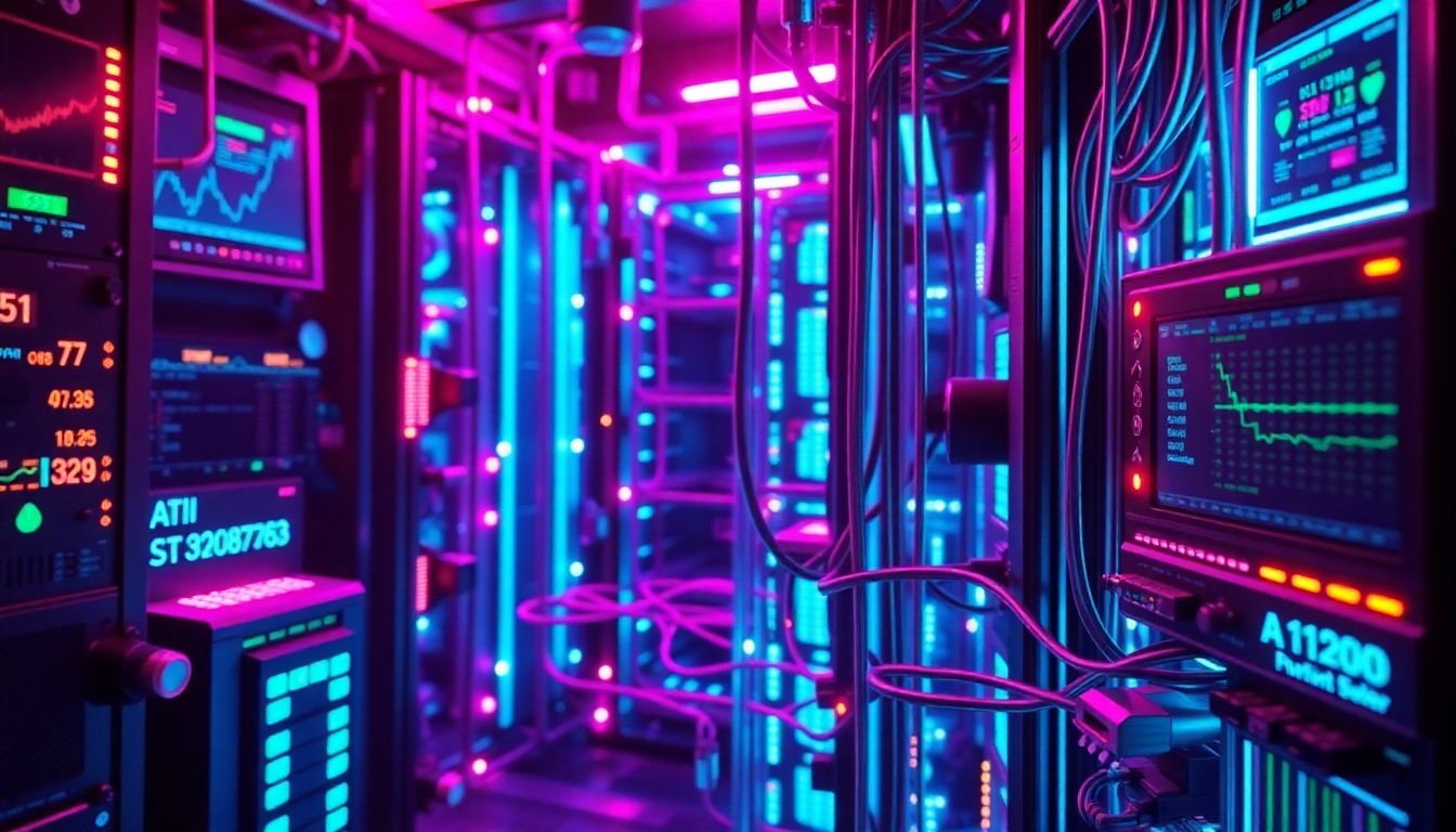 A highly detailed, glowing 3D illustration of a complex financial data processing system, with servers, cables, and sensors illuminated by vibrant neon lights, conceptually representing the technology infrastructure required for trusted AI in finance.
