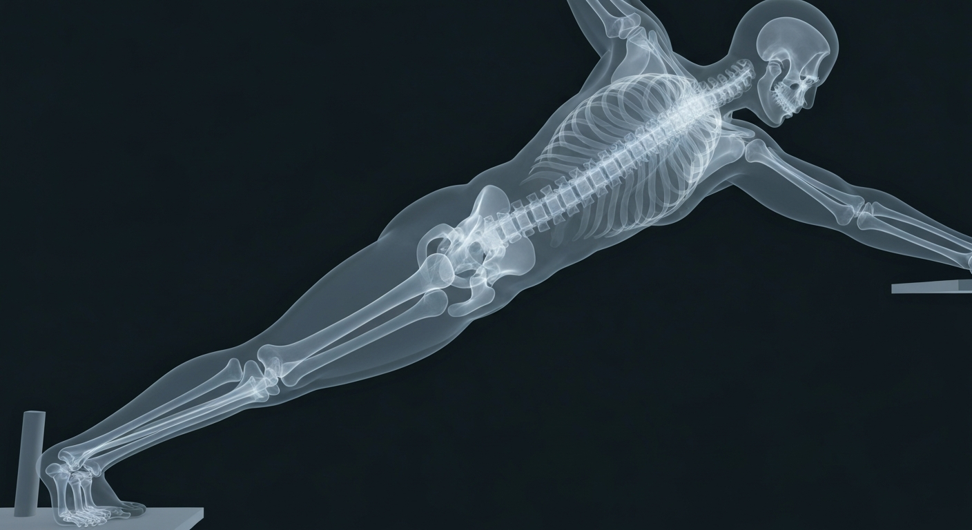 An extreme close-up X-ray photograph showing the glowing skeletal structure of a person engaged in physical rehabilitation exercises, conceptually illustrating the internal process of rebuilding strength and mobility.