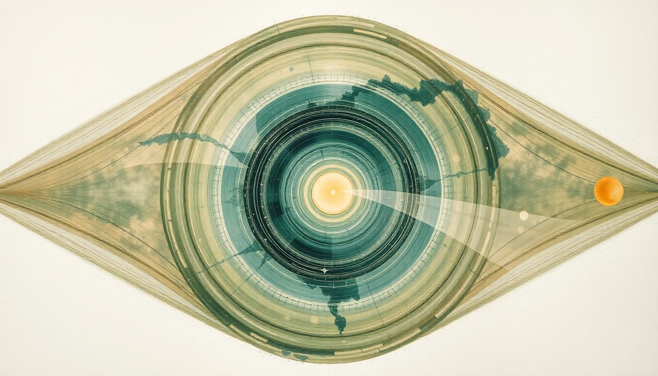 A highly textured, abstract painting in soft, earthy tones of green, blue, and gold, featuring sweeping geometric arcs, concentric circles, and precise botanical spirals, conceptually representing the cosmic forces and celestial phenomena that the late astronomy professor Donald Lubowich dedicated his life to studying and sharing with the Plainview community.