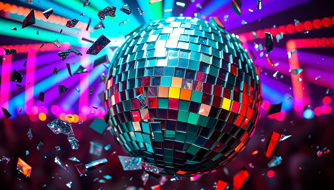 An abstract close-up photograph of shattered glass reflecting colorful lights, conveying the idea of a glamorous event disrupted by controversy.