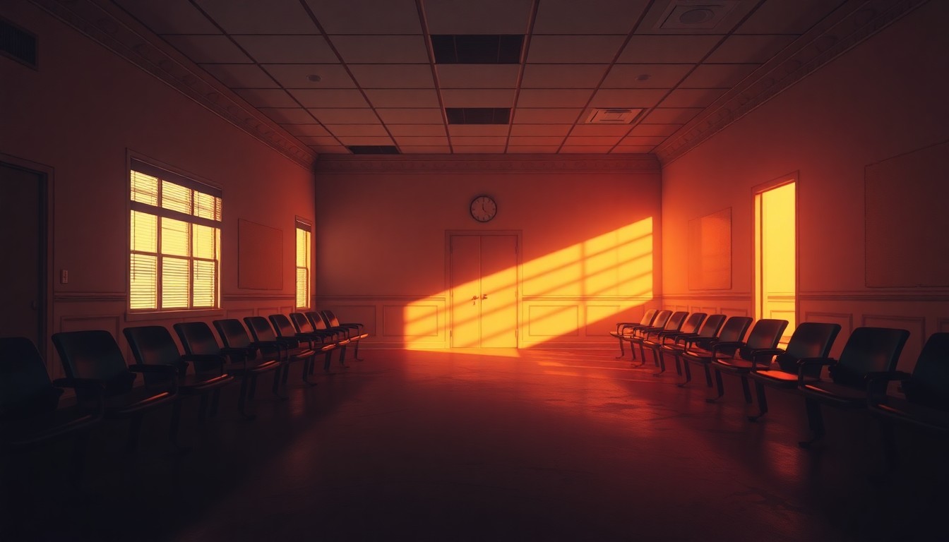 A serene, cinematic painting depicting an empty government office or waiting room, with warm sunlight streaming through the windows and deep shadows casting a sense of uncertainty and unease, conceptually representing the political tensions surrounding Medicaid policy.