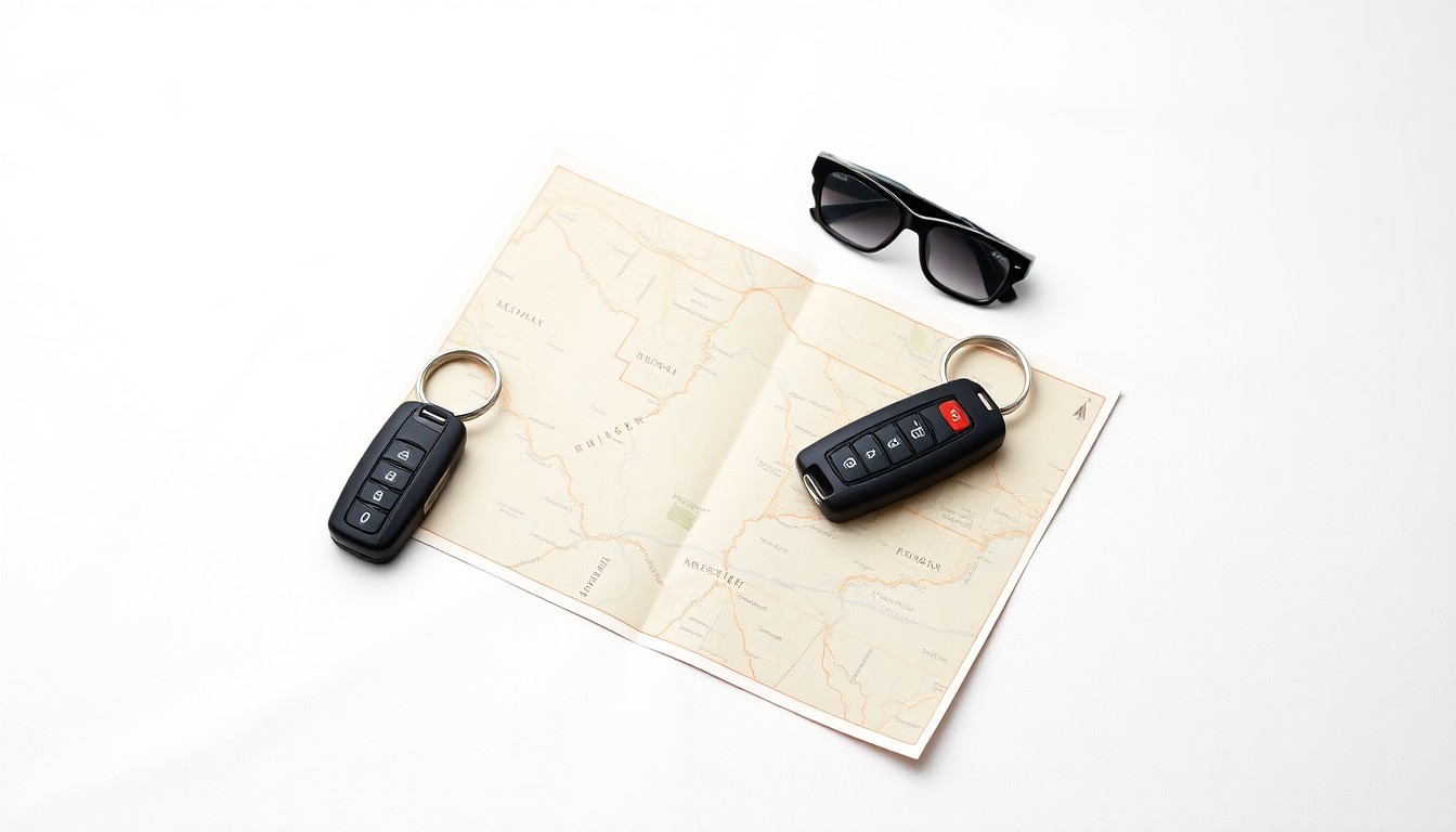 A minimalist studio still life photograph featuring a set of car keys, a map, and a travel itinerary arranged on a clean white background, symbolizing the convenience and organization of group transportation services.