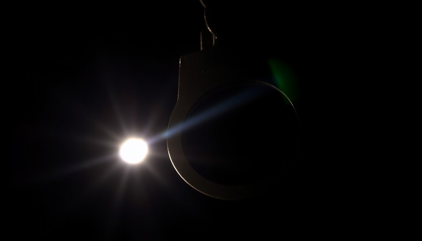 An extreme close-up photograph of a single handcuff, the metal reflecting a harsh flash of light against a pitch-black background, conceptually representing the gritty, investigative nature of the Weinstein trial.