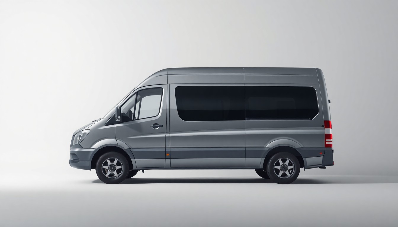 A photorealistic studio still-life photograph featuring a sleek, metallic commercial van or bus in the foreground, resting on a clean, monochromatic seamless background. The vehicle is illuminated by dramatic studio lighting, creating deep shadows and highlighting the polished, premium materials.