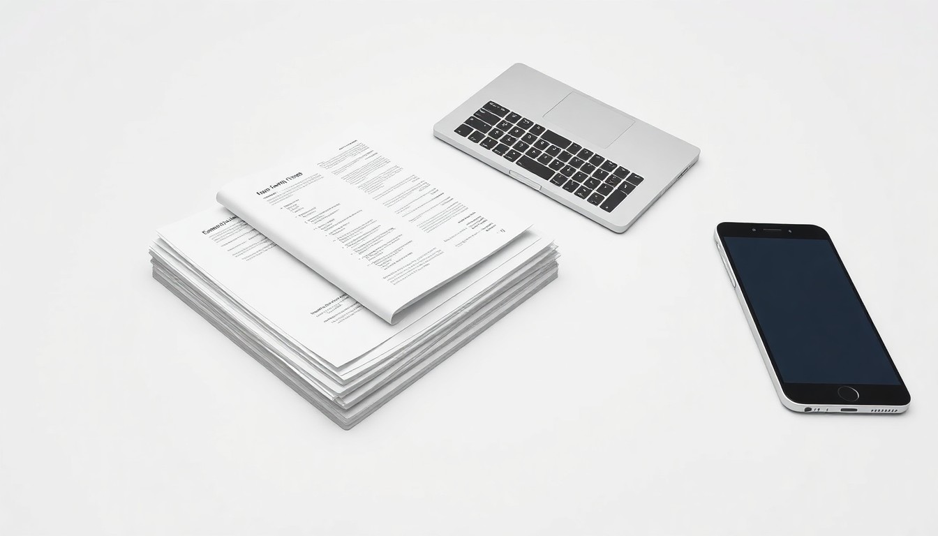A minimalist studio still life featuring a stack of business documents, a laptop, and a smartphone arranged on a clean white background, symbolizing Instacart's global expansion and enterprise technology solutions.