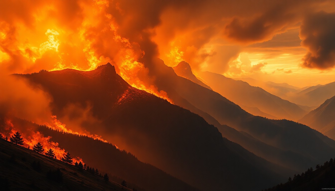 A sweeping, atmospheric landscape painting in muted earth tones, with the details of a raging brush fire obscured by the overwhelming scale of the natural environment.