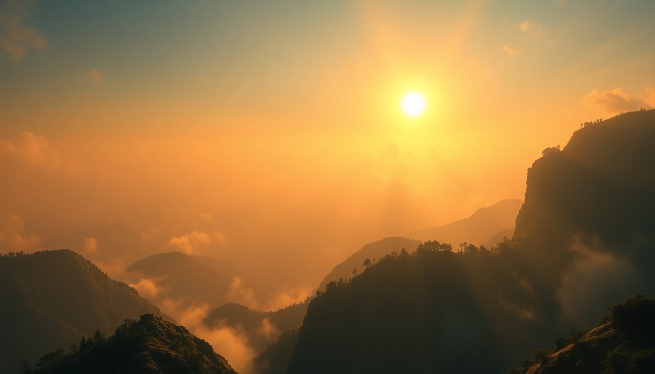 A sweeping, atmospheric landscape painting in muted tones of gold, amber, and hazy blue, with the sun's rays breaking through a veil of humidity and casting a warm glow over the scene, conveying the overwhelming scale and power of the natural environment.