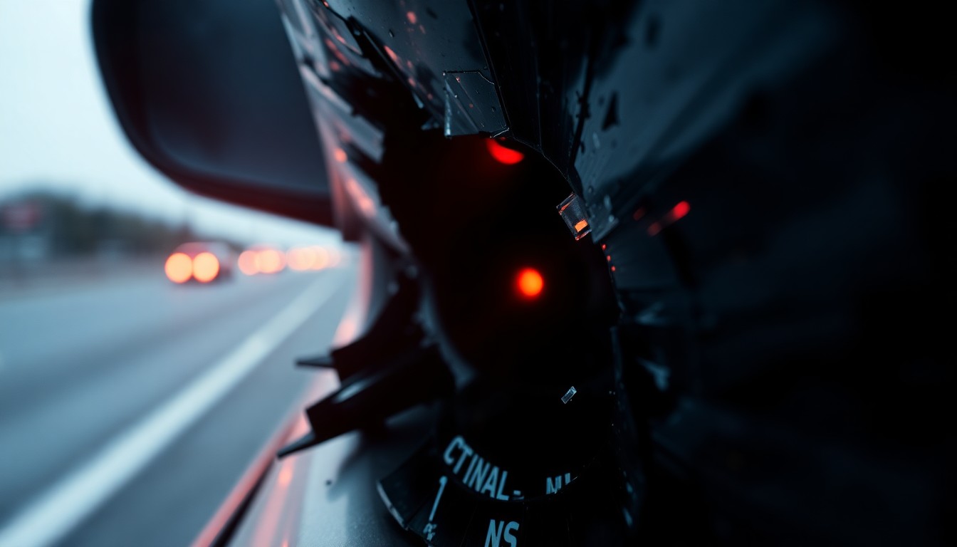 An extreme close-up photograph of a shattered car sensor lens reflecting a faint red light, conceptually representing the devastating impact of a high-speed highway accident.