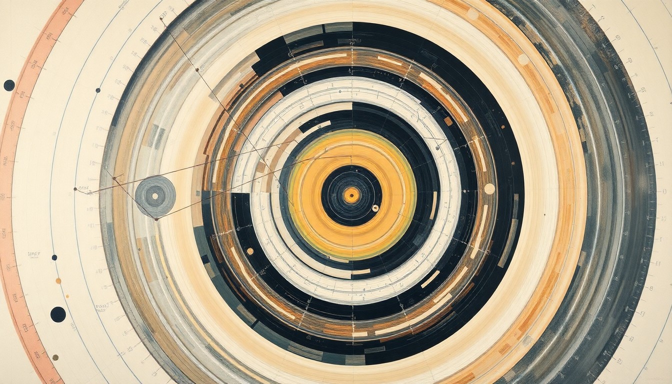 A bold, abstract painting featuring sweeping geometric arcs, concentric circles, and intersecting waveforms in soft, flat colors against a clean background, conceptually representing the structural order and complexity of the scientific world.