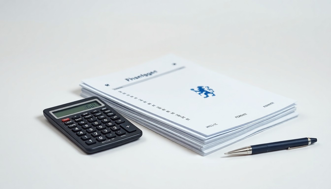 A minimalist studio still life photograph featuring a stack of financial ledgers, a calculator, and a pen on a clean, monochromatic background, conceptually representing the complex corporate finances and player trading strategy at Chelsea Football Club.