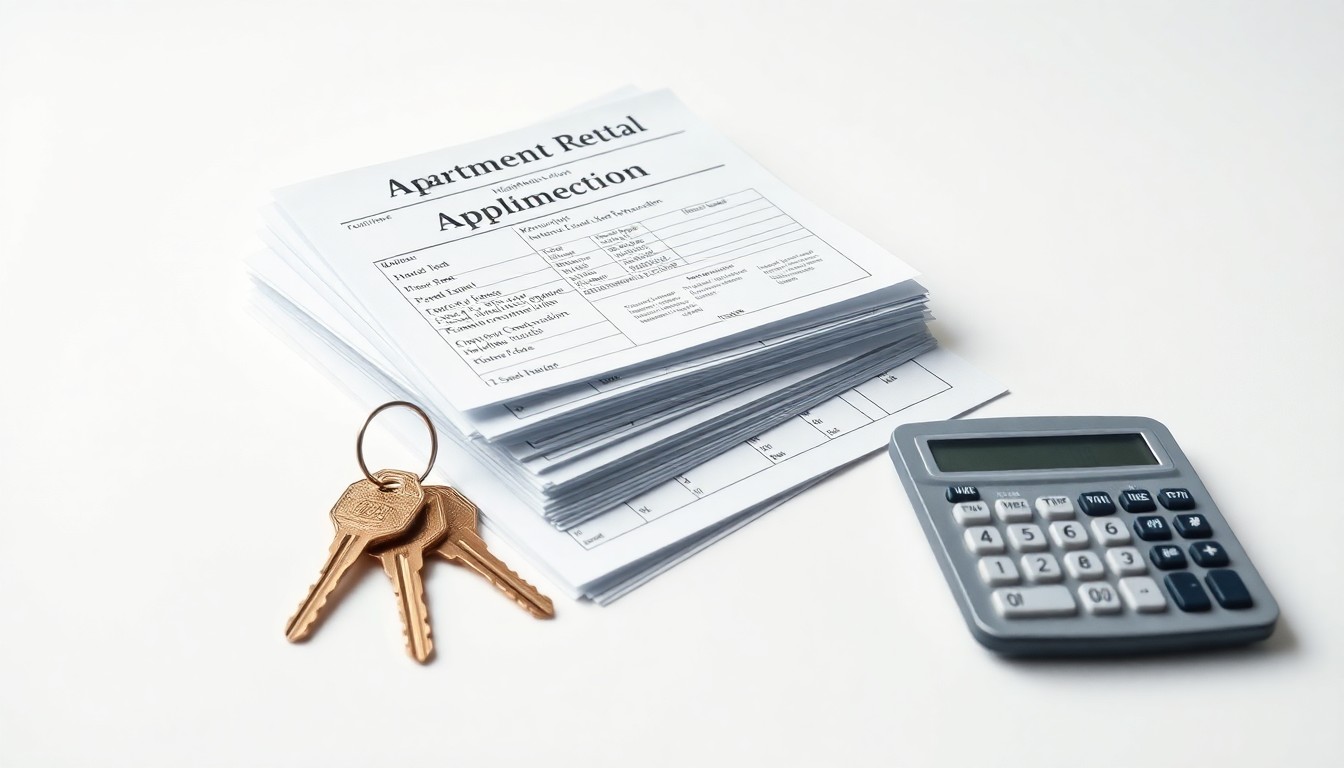 A high-end, photorealistic studio still-life photograph featuring a stack of apartment rental applications, a set of house keys, and a calculator on a clean, white background, conceptually representing the abstract challenges of housing affordability and supply in the local community.