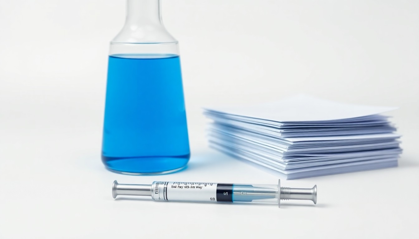 A photorealistic studio still life featuring a glass beaker filled with a vibrant blue liquid, a sleek metal syringe, and a stack of scientific papers, conceptually representing Leal Therapeutics' advanced research and development of novel neuro-metabolic drug candidates.