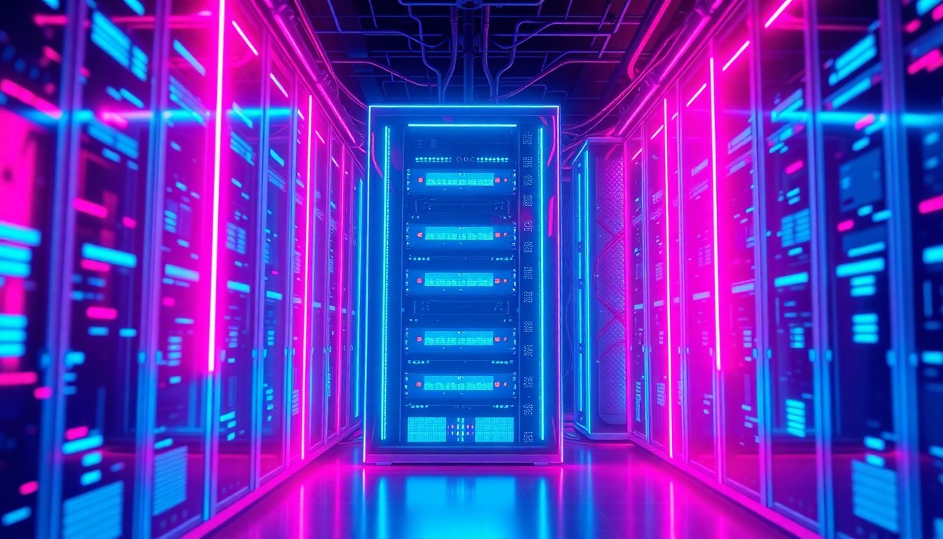 A highly detailed, glowing 3D illustration of a futuristic data center or cloud computing infrastructure, with intricate digital components illuminated by vibrant neon cyan and magenta lights, conceptually representing the growing capabilities of cloud storage solutions.