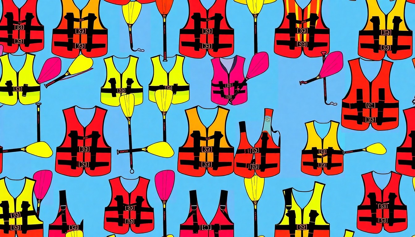 A grid of brightly colored, high-contrast silkscreen images of a single boating accessory, such as a life vest or paddle, conceptually representing the importance of boating safety and regulation.