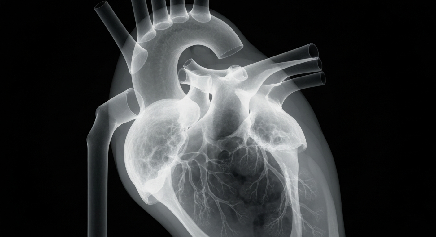A ghostly, translucent X-ray image revealing the intricate internal structure of a human heart, conveying the importance of proactive heart screenings for student athletes.