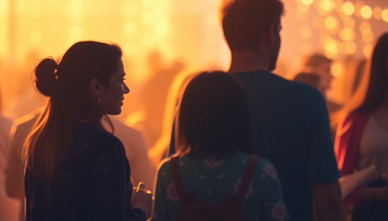 An abstract, out-of-focus scene of people donating to a local nonprofit, with warm pools of light and color creating a sense of community and generosity.