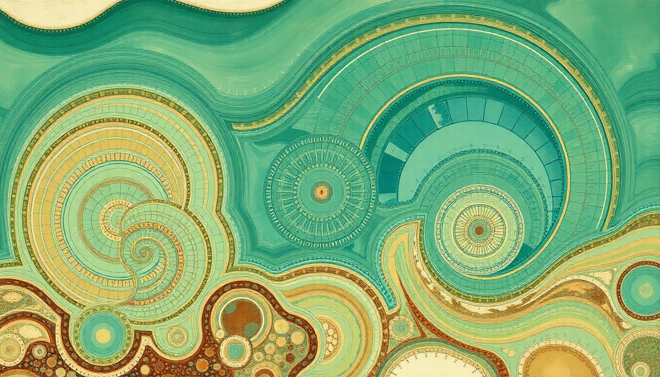 A highly textured, geometric abstract painting in earthy tones of green, blue, and brown, featuring sweeping arcs, concentric circles, and precise botanical spirals, conceptually representing the complex geological and ecological features of Florida's seafloor.