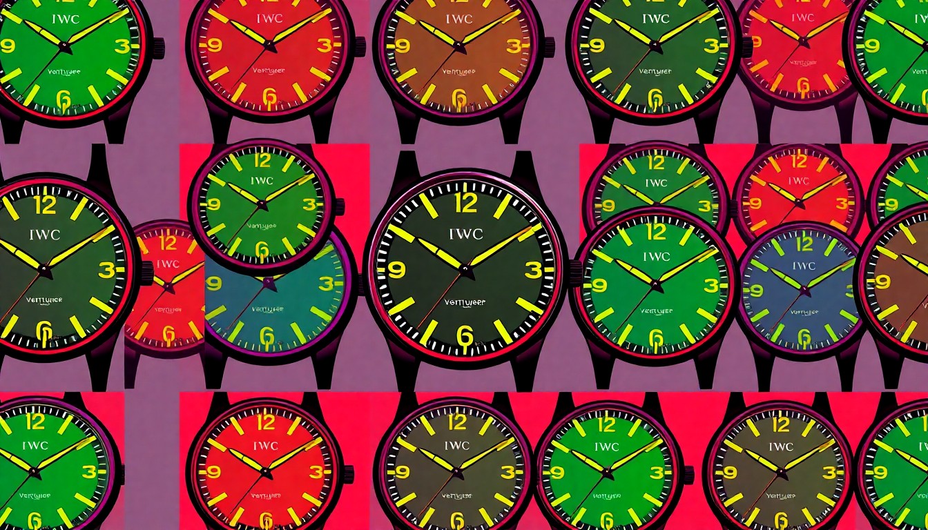 A vibrant, high-contrast silkscreen-style illustration featuring a repeated grid of the IWC Pilot's Venturer Vertical Drive watch face, rendered in bold, neon-like colors and heavy black outlines, conceptually representing the watch's specialized design for space exploration.