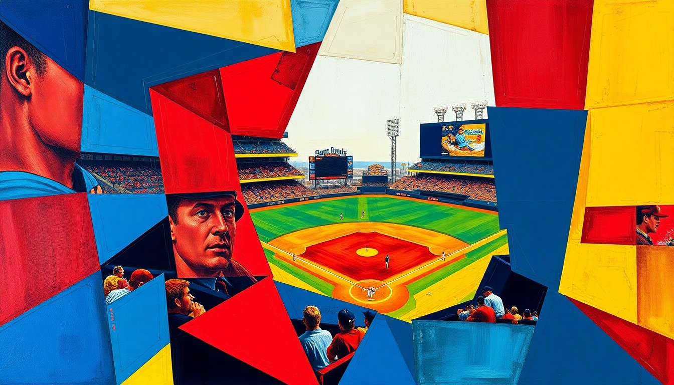 A cubist-style painting depicting a baseball game broken down into fragmented geometric shapes and planes of navy, red, and yellow, conveying the raw energy and dynamism of the Pirates' offensive outburst.