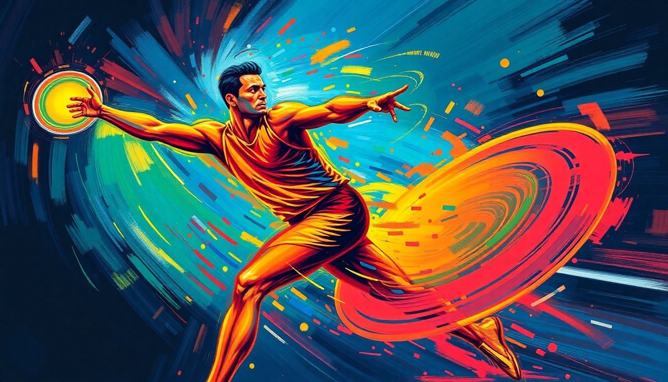 An abstract, expressionist painting in vibrant neon colors depicting the dynamic motion of a discus thrower, with the discus itself dissolving into a blur of energy and movement.