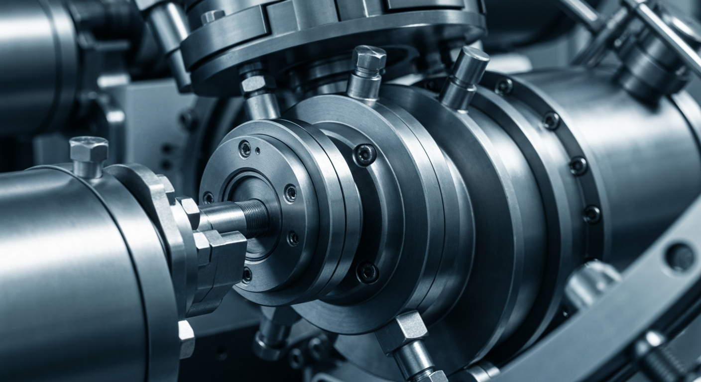 An extreme close-up of a complex, industrial pharmaceutical manufacturing machine, with its intricate metallic components and mechanisms filling the frame in shades of silver, steel, and gunmetal grey, conveying a sense of power and precision in the production of new cancer treatments.