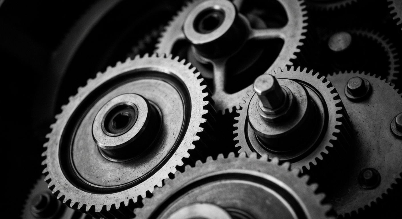 A high-contrast, macro-level view of the inner workings of a commercial real estate investment trust, conveying the intricate mechanics and infrastructure that underpin the industry.