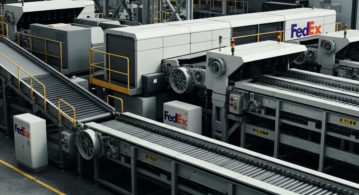 A close-up image of heavy, industrial FedEx shipping equipment and machinery, conveying the scale and efficiency of the company's logistics operations.