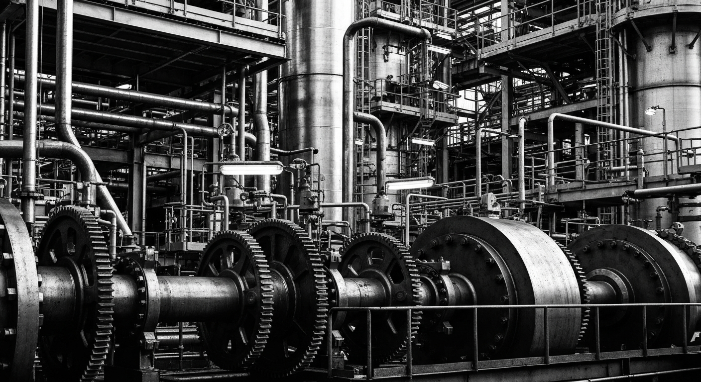 A high-contrast black and white close-up image of the intricate machinery and gears of an industrial chemical processing plant, conveying a sense of the scale, complexity, and power of LyondellBasell's manufacturing operations.