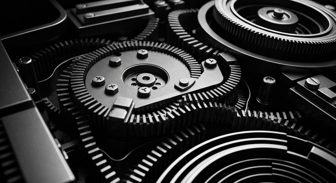An extreme close-up of the intricate, industrial-scale machinery that drives financial transactions, captured in high-contrast black and white photography to convey the weight and importance of the underlying financial technology.