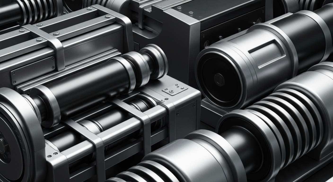 A highly detailed, cinematic close-up image of heavy, metallic banking machinery and equipment in shades of silver, steel, and black, representing the secure, physical infrastructure of the financial system.