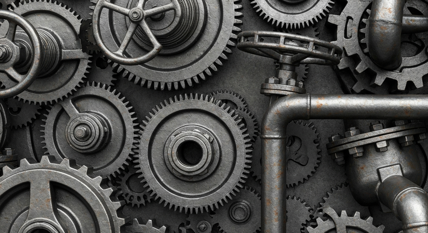 An extreme close-up of interlocking gears, pipes, and valves in a muted color palette, conceptually representing the complex financial infrastructure of the energy industry.