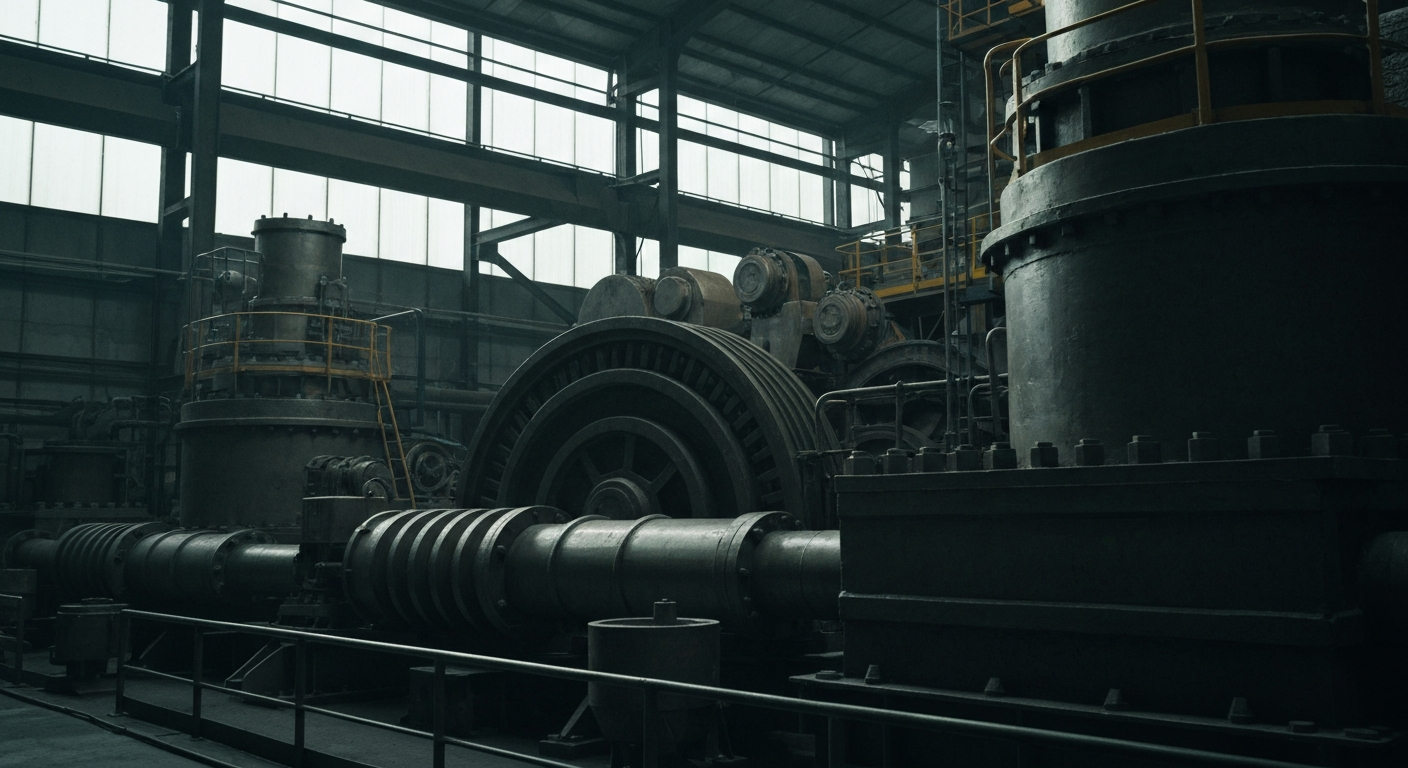 A highly detailed, black-and-white close-up image of industrial gears, valves, and other heavy machinery, conveying the tangible, physical nature of the materials business without using any text or symbols.