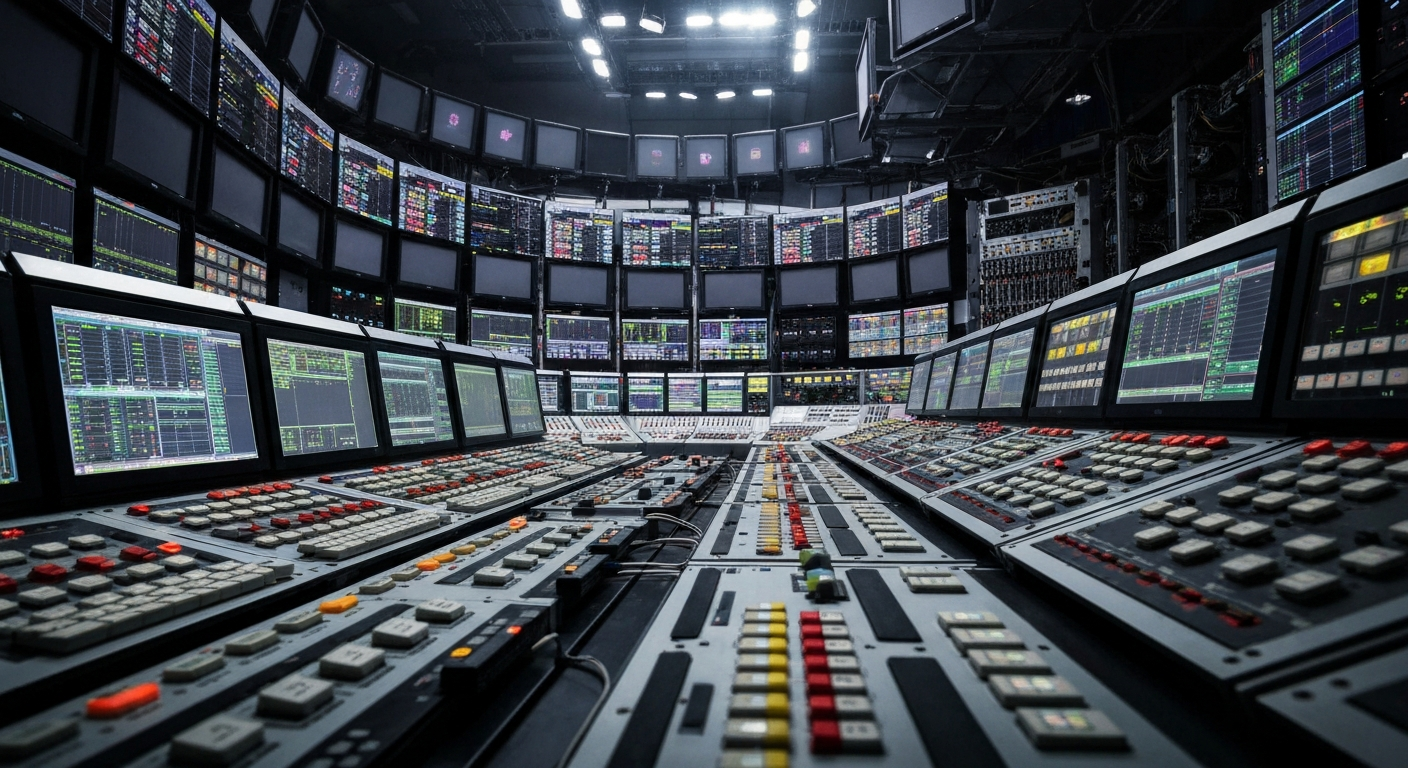 A cinematic close-up of the heavy, industrial equipment and technology that powers a television broadcast control room, conveying the scale and complexity of the media industry.