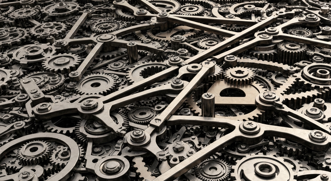 An extreme close-up of a complex, interlocking network of gears, levers, and mechanical components in shades of steel grey, bronze, and black, conceptually representing the intricate financial infrastructure and institutional wealth management that shapes the media industry.