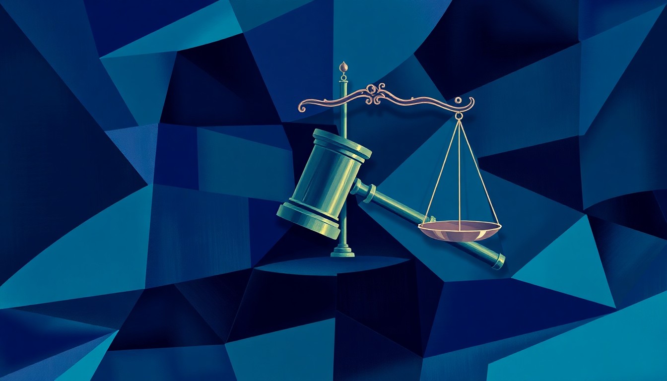 A fractured, abstract painting depicting the scales of justice and a gavel in overlapping geometric shapes, conveying the tension and complexity of the legal issues at hand.