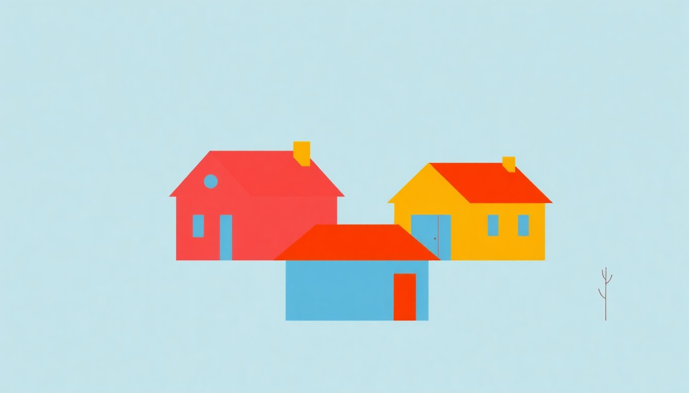 A geometric abstract illustration featuring overlapping triangles and rectangles in shades of blue, red, and yellow, conceptually representing the complex economic factors impacting housing affordability in the wake of the Iran war.