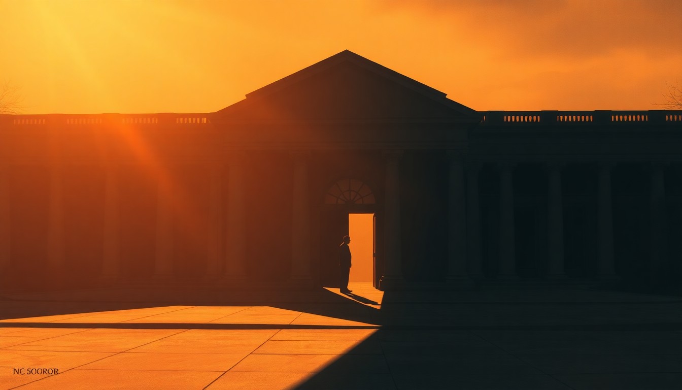 A cinematic painting of a government building's exterior, with a lone figure standing in the doorway casting a long shadow. The building is bathed in warm, diagonal sunlight and deep shadows, conveying a sense of political tension and unease.