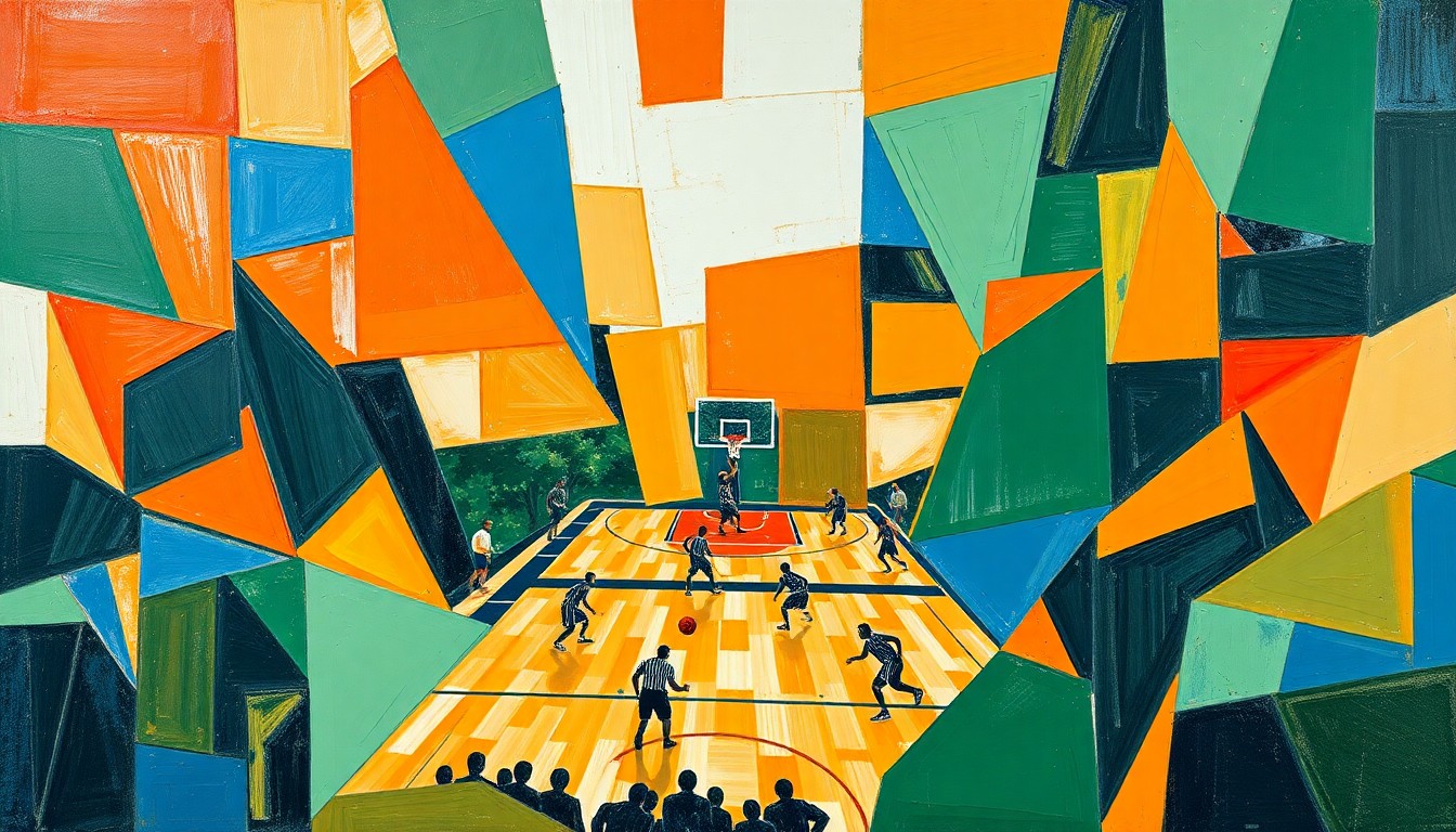 A fragmented, geometric painting in shades of orange, blue, and green, depicting the dynamic action of a basketball game through Cubist-inspired shapes and perspectives.