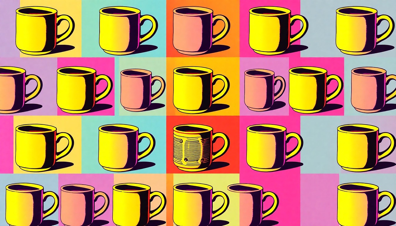 A high-contrast, silkscreen-style illustration featuring a repeated pattern of a handmade ceramic mug in bright, neon colors, conceptually representing the artisan goods and community spirit of the Chicago Artisan Market.