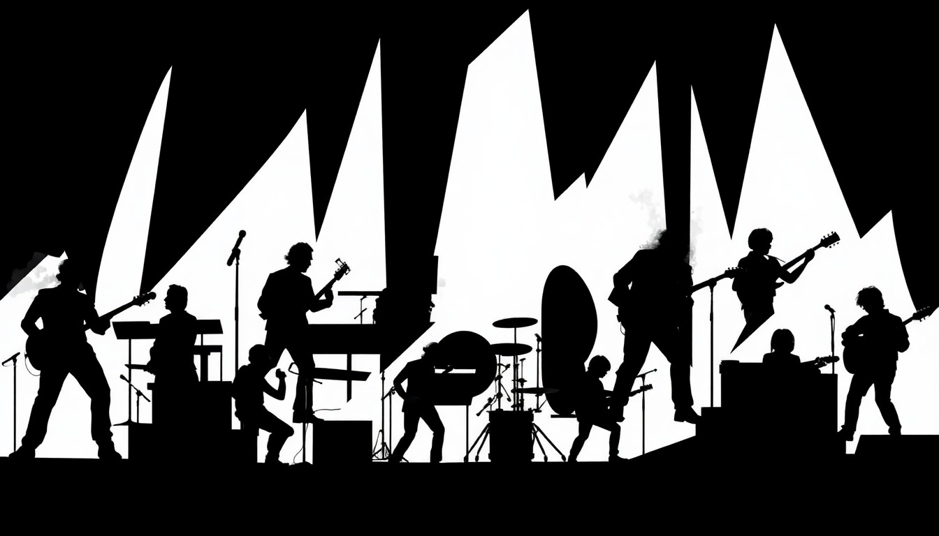 A minimalist, abstract illustration featuring sharp, geometric shapes in black and white, representing musical instruments and performers, conveying the energy and diversity of a community concert series.