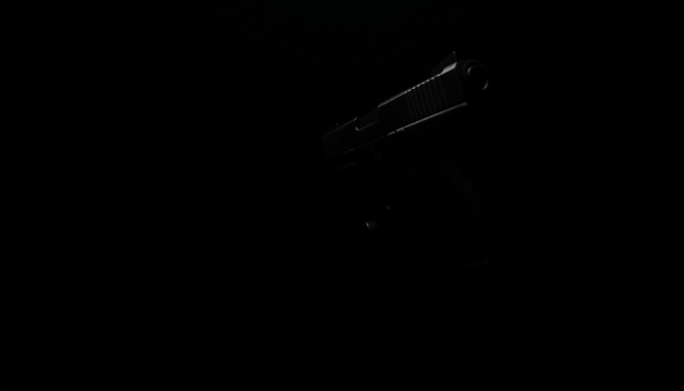 An extreme close-up photograph of a loaded handgun against a pitch-black background, lit by a harsh, direct camera flash, creating a stark, gritty, and investigative aesthetic.