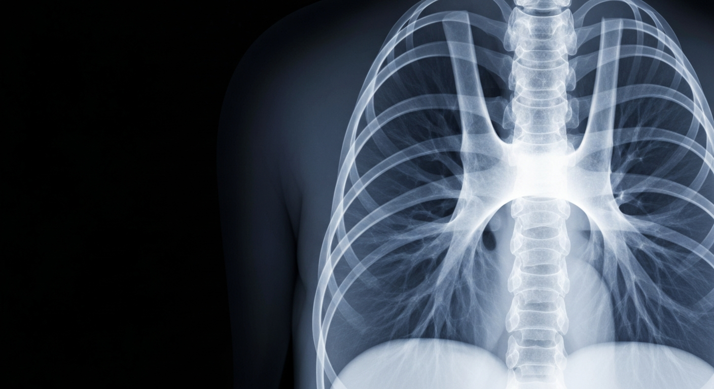 A highly detailed, translucent X-ray-style image revealing the complex internal structure of a human lung, conveying the clinical yet hopeful nature of new blood test technologies for early lung cancer detection.