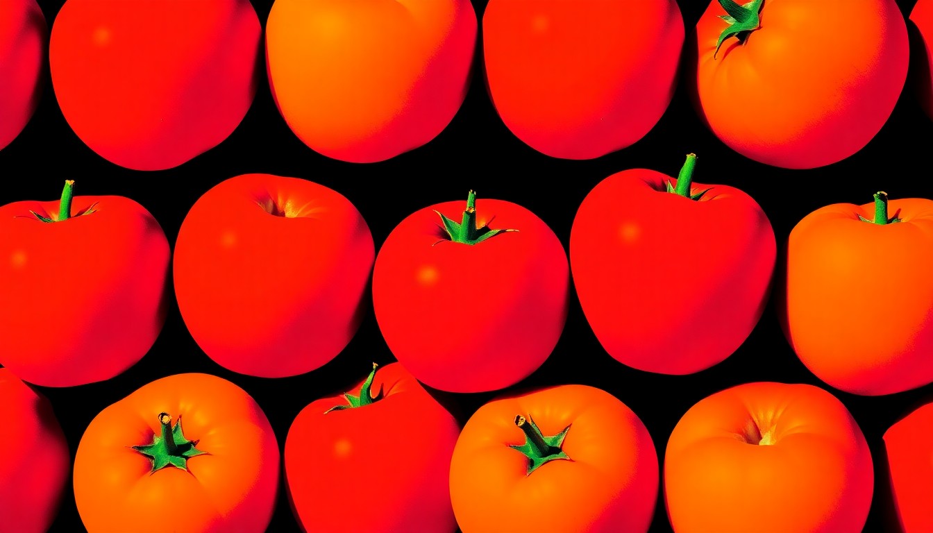 A high-contrast, silkscreen-style illustration of a single, recognizable produce item such as an apple or tomato, repeated in a tight grid pattern with bold, neon-like colors and heavy black outlines, conceptually representing the fresh, local goods available at the Lisle French Market.