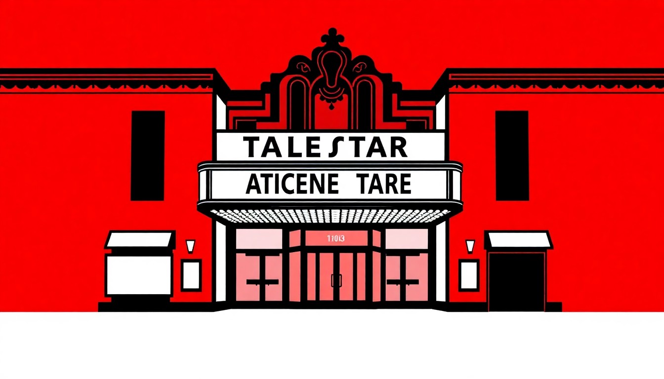 A minimalist, abstract illustration featuring bold black silhouettes of a classic theater marquee and architectural details, set against a high-contrast background of deep red and bright white shapes, conceptually representing the State Theatre's nomination for a prestigious country music award.