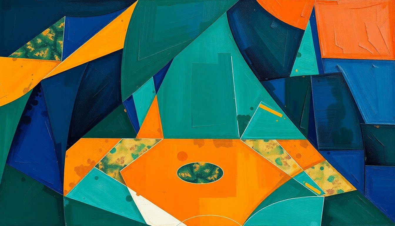 A cubist, geometric painting depicting a basketball game or match, with sharp, overlapping planes of navy blue, forest green, and burnt orange, conceptually representing the fractured state of the Washington Wizards as they look to rebuild around their new star player.