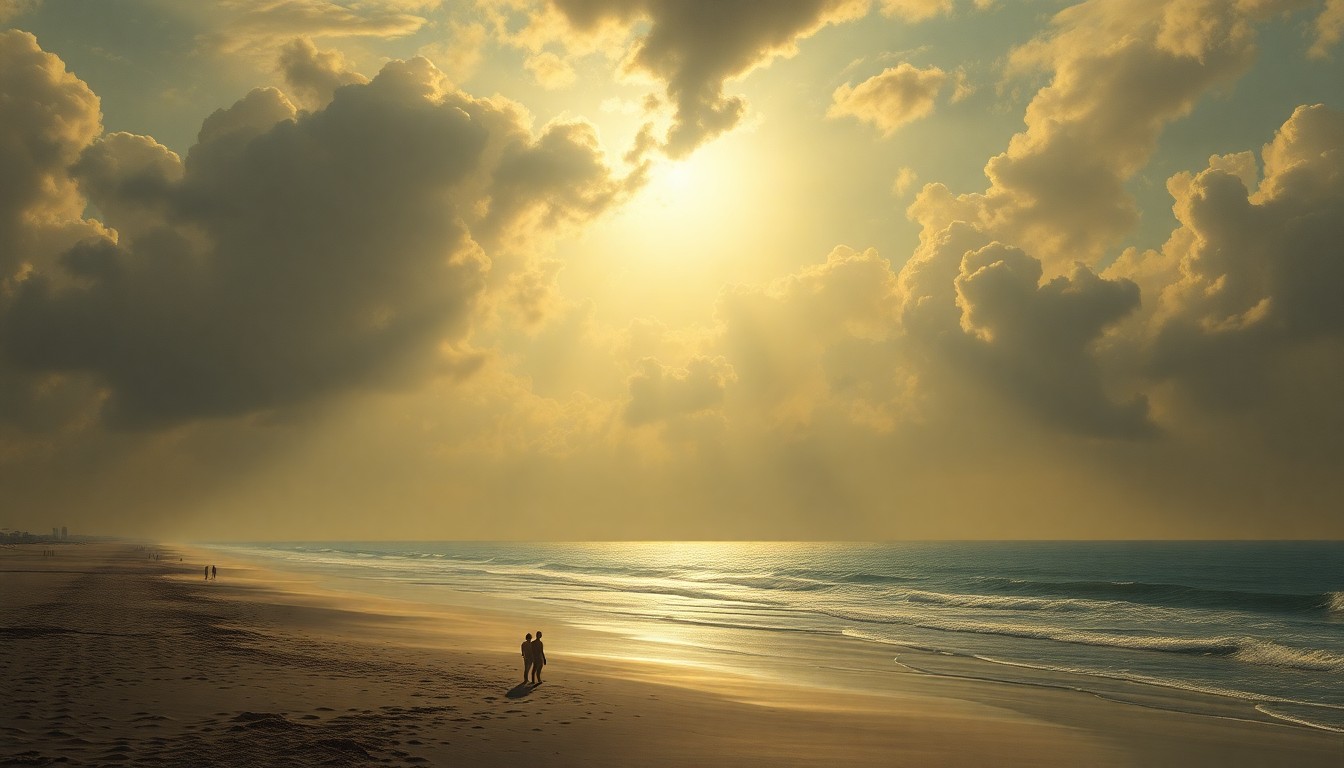 A vast, atmospheric landscape painting depicting the sublime scale of a sun-drenched beach, with distant silhouettes of beachgoers and structures dwarfed by the overwhelming power of the Gulf of Mexico.