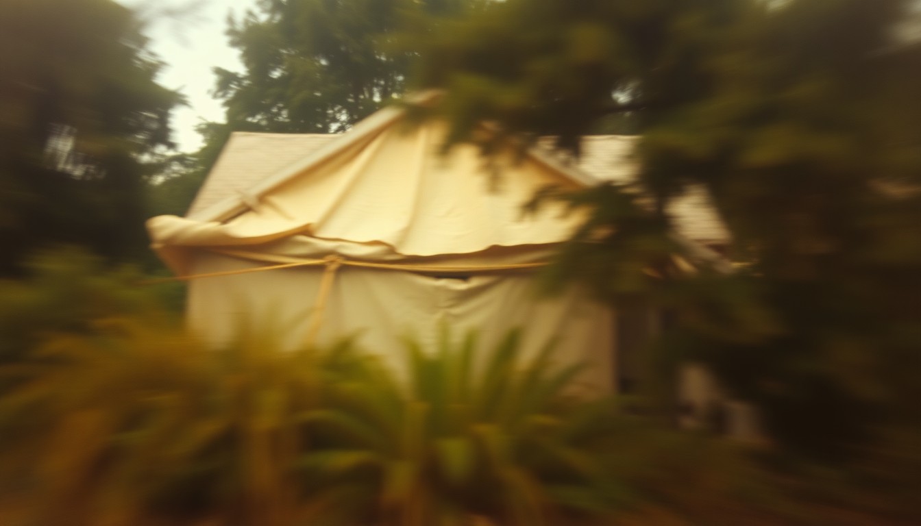 An abstract, out-of-focus scene of a partially obscured, dilapidated house surrounded by overgrown foliage, conveying a sense of neglect and disrepair.